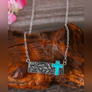 Western Faux Silver and Turquoise Cross Pendant Necklace Coastal Cowgirl